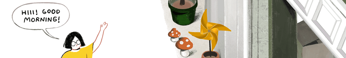 A mother waves and says, “Good morning!”